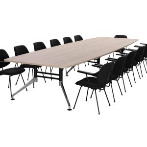 SIGN bootvormige vergadertafel 440x140 cm Scandinavisch eiken zwart chroom; stoelen niet inbegrepen