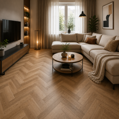 Complete woonkamer inrichting door MD Projecten met visgraat vloer, hoekbank, raamdecoratie en moderne verlichting.