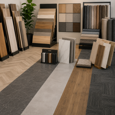 Complete vloerencollectie van MD Projecten met PVC vloeren, tapijt, visgraatvloeren, tegels en projectvloeren voor woning- en kantoorinrichting.