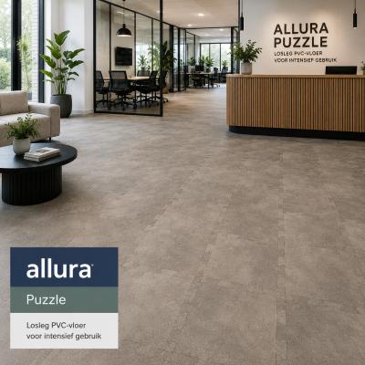 Allura Puzzle losleg PVC-vloer voor intensief gebruik in een moderne kantooromgeving, geschikt voor winkels, kantoren, scholen en andere druk belopen projectruimtes, geleverd door MD Projecten.