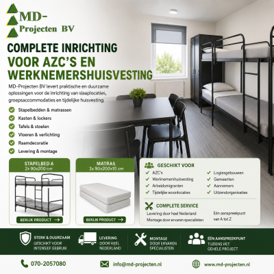 Complete inrichting voor werknemershuisvesting met stapelbedden, matrassen, lockers, tafels, stoelen, vloeren en montage door MD Projecten voor tijdelijke huisvesting en groepsaccommodaties.