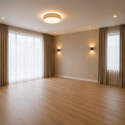 Moderne ruimte met PVC vloer, gordijnen en verlichting voor woninginrichting, projectinrichting en zorgwoningen door MD Projecten.
