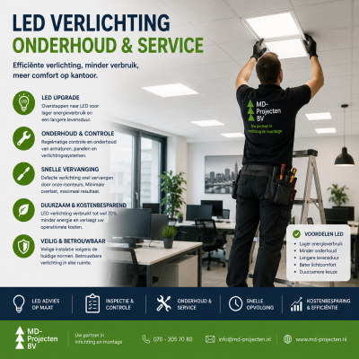 LED verlichting en onderhoud van kantoorverlichting door MD Projecten, inclusief LED-upgrade, onderhoud, inspectie, vervanging van armaturen en energiezuinige verlichting voor kantoren en bedrijfspanden.