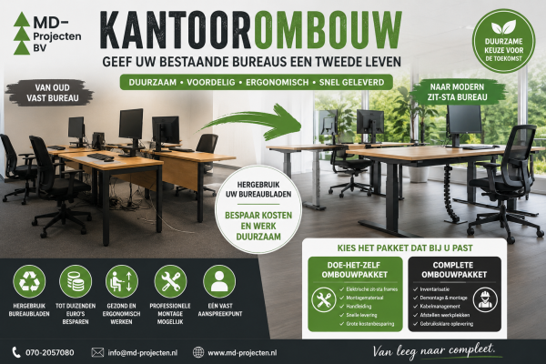 Kantoorombouw door MD Projecten met hergebruik van bestaande bureaubladen en elektrische zit-sta onderstellen voor een duurzame kantoorinrichting.