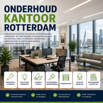 Onderhoud kantoor Rotterdam door MD Projecten met modern kantoorinterieur, reparaties, verlichting, vloeren, schilderwerk, raamdecoratie, kantoormeubilair, gebouwbeheer en service zonder onderhoudscontract.