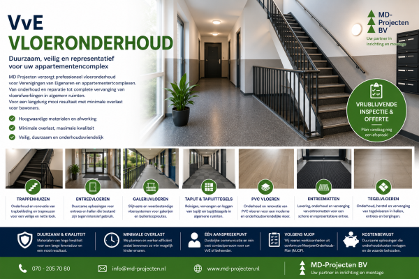 VvE vloeronderhoud in appartementencomplex met pvc, tapijt, tapijttegels, entreematten, galerijvloeren en trappenhuis door MD Projecten.