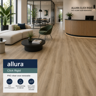 Allura Click Rigid PVC-vloer voor renovatie in een modern kantoor met houtlook click PVC-vloer, waterbestendige en slijtvaste vloer voor woningen, kantoren en projectinrichting door MD Projecten.
