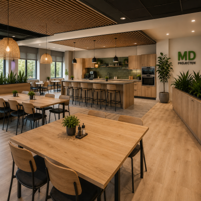 Moderne bedrijfskantine ingericht door MD Projecten met eiken tafels, eiken keuken, pantry, projectvloer, planten, verlichting en complete kantine-inrichting.