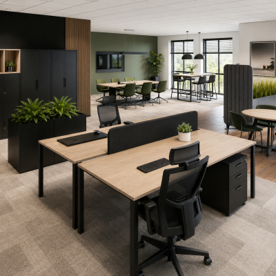 Complete kantoorinrichting met ergonomische bureaus, bureaustoelen, kantoorkasten, vergaderruimte, akoestische scheidingswand en moderne verlichting door MD Projecten.