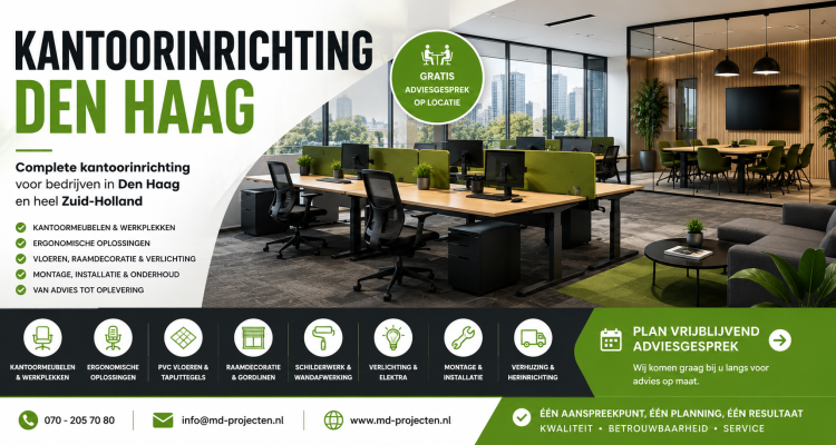 Complete kantoorinrichting in Den Haag door MD Projecten met ergonomische werkplekken, kantoormeubilair, PVC vloeren, tapijttegels, raamdecoratie, verlichting, montage en projectinrichting voor bedrijven.