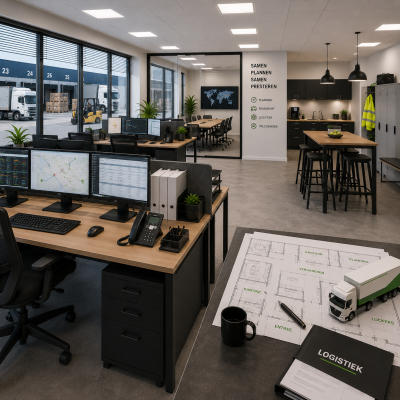 Kantoorinrichting voor logistieke bedrijven met ergonomische planningswerkplekken, administratie, vergaderruimte, lockers, kantine en moderne verlichting door MD Projecten.