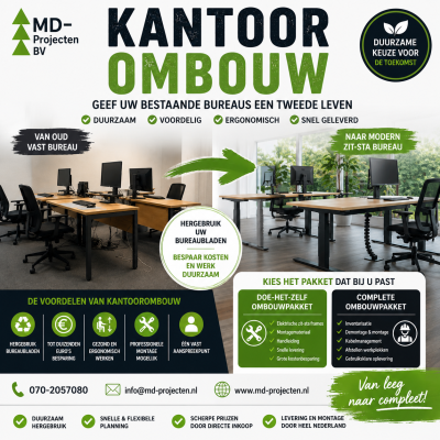 Kantoorombouw Gouda door MD Projecten met hergebruik van bestaande bureaubladen en ombouw naar moderne elektrische zit-sta bureaus