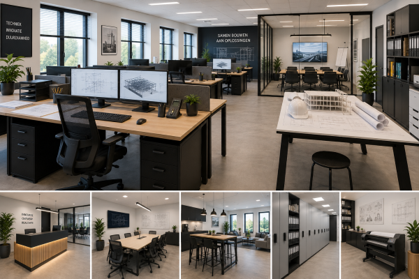 Kantoorinrichting voor ingenieursbureaus met ruime zit-sta bureaus, ergonomische bureaustoelen, meerdere beeldschermen, projecttafels, vergaderruimte en kantoorkasten door MD Projecten.