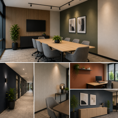 Moderne wandafwerking in kantoor met schilderwerk, sauswerk, houten lattenwanden, decoratieve wandpanelen en luxe wandbekleding voor projectstoffering | MD Projecten