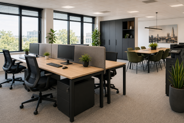Modern kantoor in Den Haag met ergonomische bureaus, bureaustoelen, vergaderruimte, kasten en complete kantoorinrichting door MD Projecten.