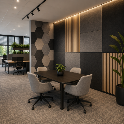 Moderne kantoorruimte met akoestische wandpanelen, bureauschermen, roomdividers en PET-vilt voor optimale geluidsdemping en projectinrichting | MD Projecten