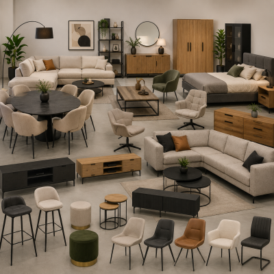 Complete woonmeubel collectie met banken, tafels, stoelen, kasten en slaapkamermeubels voor moderne woninginrichting.