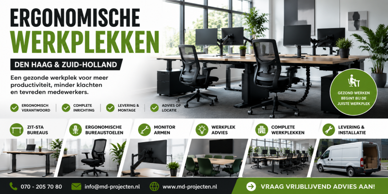 Ergonomische werkplekken van MD Projecten met zit-sta bureaus, ergonomische bureaustoelen, monitorarmen en complete kantoorinrichting voor bedrijven in Den Haag en Zuid-Holland.
