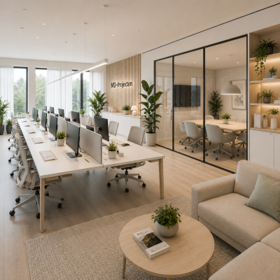 Scandinavisch kantoor ingericht door MD Projecten met lichte werkplekken, vergaderruimte, houten wand, planten, raamdecoratie, verlichting en montage.