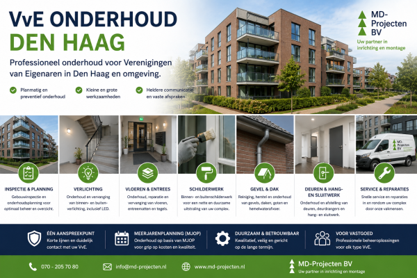 VvE onderhoud Den Haag met appartementencomplex, trappenhuis, schilderwerk, LED-verlichting en planmatig onderhoud door MD Projecten.