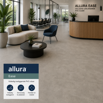 Allura Ease volledig losliggende PVC-vloer in een moderne kantooromgeving met lichtgrijze PVC-vloer, eenvoudig te plaatsen en geschikt voor renovatie, kantoren, winkels en projectinrichting door MD Projecten.