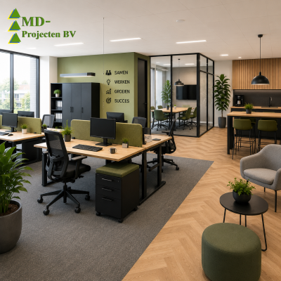 Kantoorinrichting voor MKB-bedrijven met ergonomische bureaus, bureaustoelen, vergaderruimte, kantoorkasten, vloeren en moderne verlichting door MD Projecten.