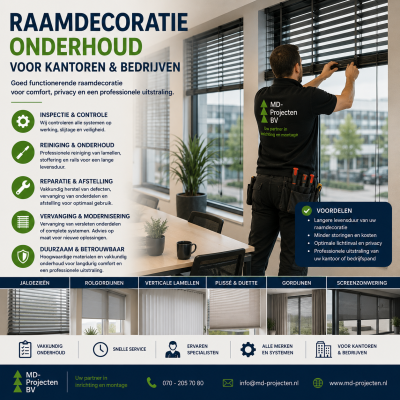 Raamdecoratie onderhoud voor kantoren en bedrijven door MD Projecten, inclusief inspectie, reiniging, reparatie, vervanging en onderhoud van jaloezieën, rolgordijnen, lamellen, plisségordijnen en gordijnen.