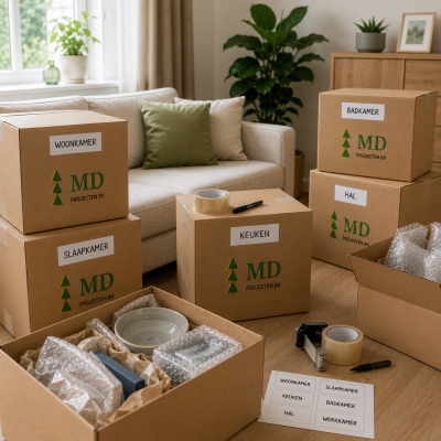 Verhuisdozen inpakken en labelen voor een seniorenverhuizing in Hellevoetsluis