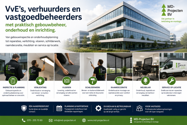 Gebouwbeheer, onderhoud en inrichting voor VvE’s, verhuurders en vastgoedbeheerders door MD Projecten, inclusief gebouwinspectie, onderhoudsplanning, reparaties, verlichting, vloeren, schilderwerk, raamdecoratie, kantoormeubilair en service op locatie.