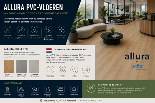 Allura PVC-vloeren van Forbo, geproduceerd in Nederland, met houtlook, steenlook en abstracte designs voor woningen, kantoren, winkels, zorg, onderwijs en projectinrichting, geleverd en geplaatst door MD Projecten.
