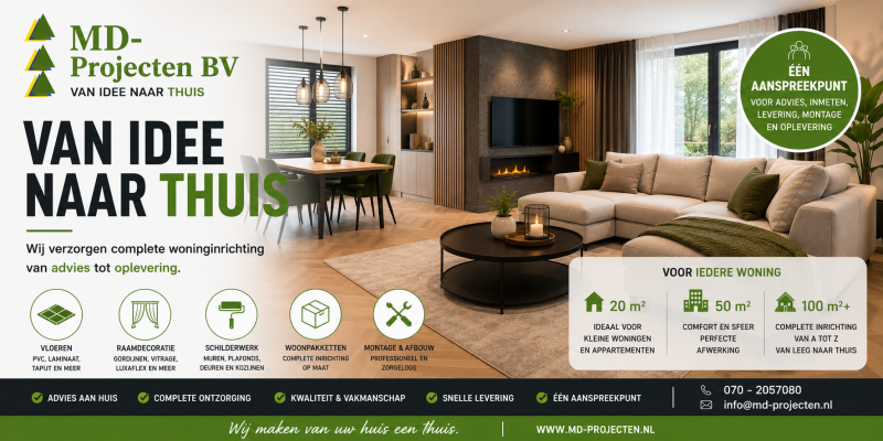Van idee naar thuis met complete woninginrichting, vloeren, raamdecoratie en woonpakketten door MD Projecten BV.