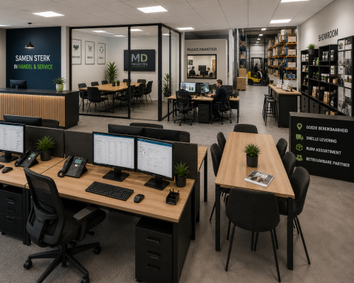 Kantoorinrichting voor groothandels met ergonomische werkplekken, verkoopbinnendienst, magazijnkantoor, vergaderruimte, afhaalbalie, lockers en kantine door MD Projecten.