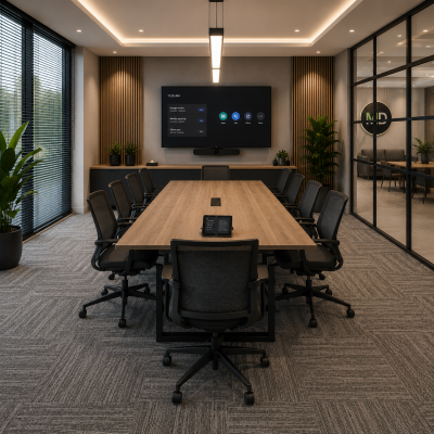 Vergaderruimte ingericht door MD Projecten met grote vergadertafel, vergaderstoelen, groot scherm voor videocalls