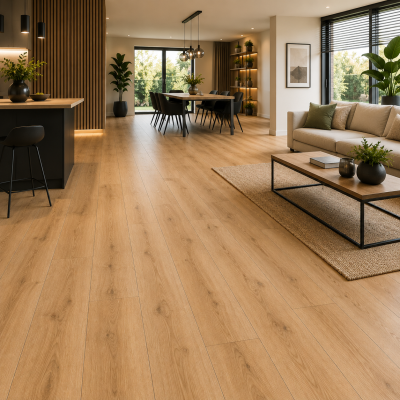 Licht eiken laminaatvloer in moderne woonkamer en eetkamer voor woningen, kantoren en projectinrichting | MD Projecten