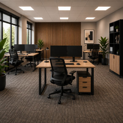 Moderne kantoorinrichting met vijf werkplekken, bureaus, bureaustoelen, LED-verlichting en vloerafwerking door MD Projecten.