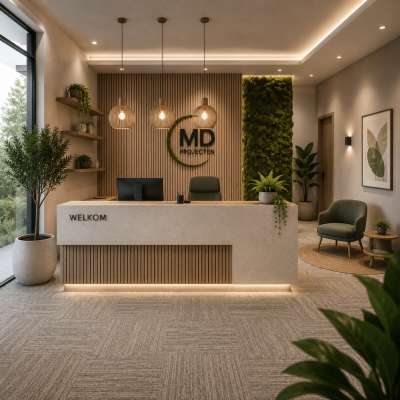 Natuurlijke receptie ingericht door MD Projecten met houten receptiebalie, moswand, planten, tapijttegels, sfeerverlichting, wachtruimte en moderne kantoorinrichting.