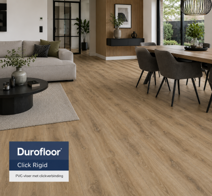 Durofloor Click Rigid PVC-vloer met clickverbinding in een moderne woonkamer met houtlook vloer, geschikt voor woningen, kantoren en renovatieprojecten door MD Projecten.