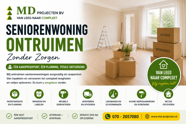 Seniorenwoning ontruimen in Zuid-Holland met inventarisatie, inpakken, meubels demonteren, vervoeren, leegmaken en nette oplevering door MD Projecten