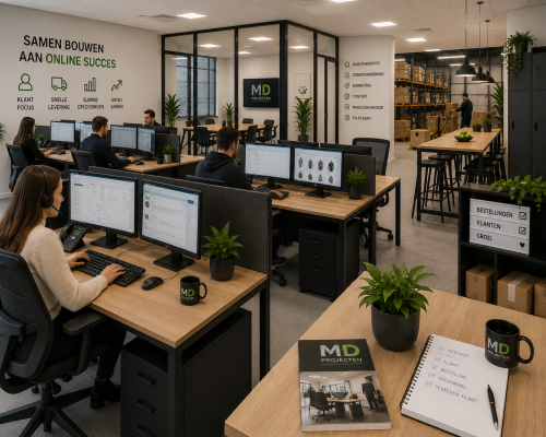 Kantoorinrichting voor e-commercebedrijven en webshops met ergonomische werkplekken, klantenservice, orderverwerking, vergaderruimte en aangrenzend magazijn.