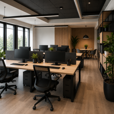 Complete kantoorinrichting door MD Projecten met werkplekken, bureaus, bureaustoelen, verlichting en projectmeubilair.