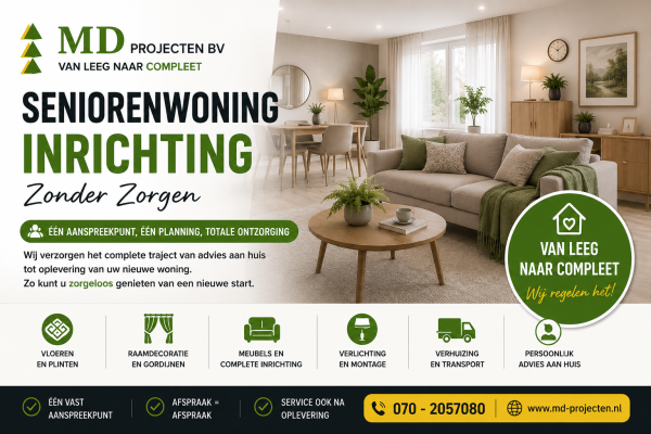 Seniorenwoning inrichten in Hellevoetsluis met vloeren, raamdecoratie, meubels, verlichting, verhuizing en complete montage door MD Projecten