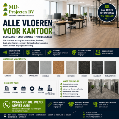 MD Projecten levert vloeren en complete projectstoffering voor woningen, kantoren, winkels en bedrijfsruimtes. Wij verzorgen PVC vloeren, tapijt, tapijttegels, laminaat, vinyl, egaliseren, plinten en professionele plaatsing. Voor grotere oppervlaktes en complete projecten maken wij een offerte op maat.