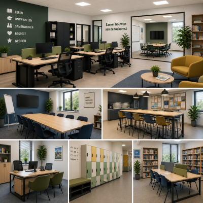 Kantoorinrichting voor scholen en onderwijsinstellingen met ergonomische werkplekken, personeelsruimte, vergaderruimte, kantoorkasten en moderne verlichting door MD Projecten.