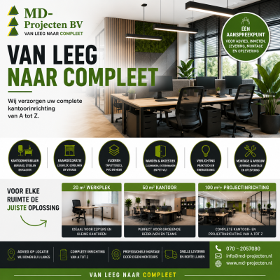 Complete kantoorinrichting van 20 m² werkplek tot 100 m² projectinrichting door MD Projecten BV.