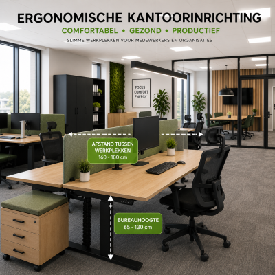 Ergonomische kantoorinrichting met elektrische zit-sta bureaus, verstelbare bureaustoelen, monitorarmen, akoestische schermen en moderne verlichting door MD Projecten.