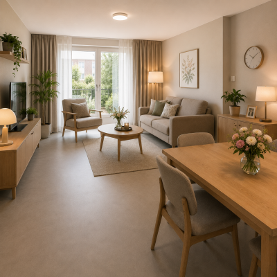Seniorenwoning ingericht door MD Projecten met vloerafwerking, gordijnen, meubels, verlichting, schilderwerk, montage en verhuizing.