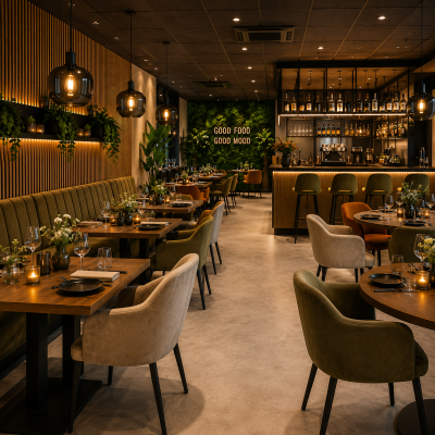 Modern restaurant ingericht door MD Projecten met luxe zitplaatsen, bar, sfeerverlichting, horeca vloer, wandafwerking, maatwerkmeubilair en complete restaurantinrichting.