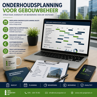 Onderhoudsplanning voor gebouwbeheer en vastgoedonderhoud met meerjarenplanning, inspecties en preventief onderhoud door MD Projecten.