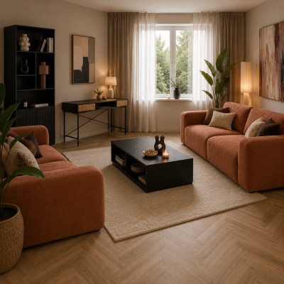 Complete woonkamer inrichting 20 m² door MD Projecten met twee banken, visgraatvloer, moderne meubels, raamdecoratie en sfeerverlichting.