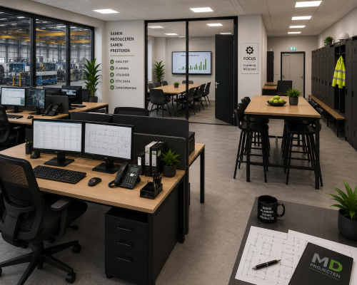 Kantoorinrichting voor productiebedrijven met ergonomische werkplekken, werkvoorbereiding, vergaderruimte, lockers, kantine en moderne verlichting door MD Projecten.